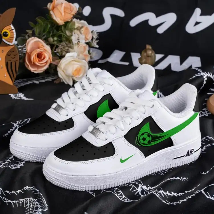 Custom Air Force 1 White Black with Green Soccer Ball Design