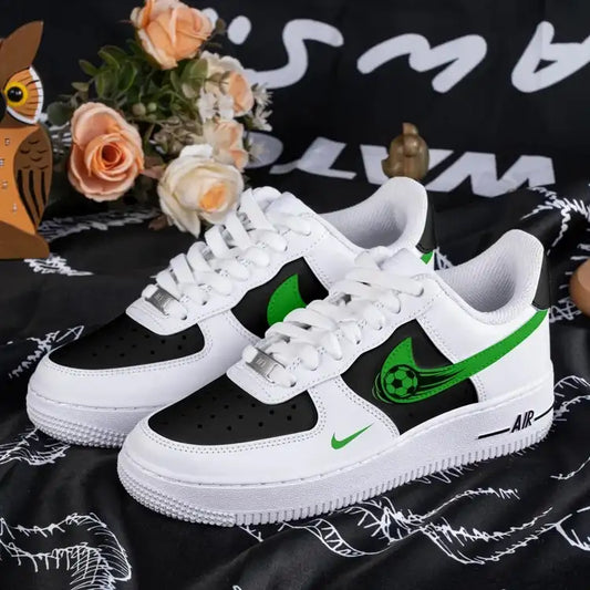 Custom Air Force 1 White Black with Green Soccer Ball Design