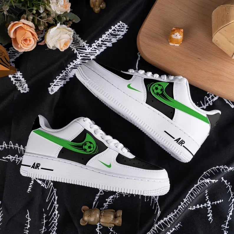 Custom Air Force 1 White Black with Green Soccer Ball Design