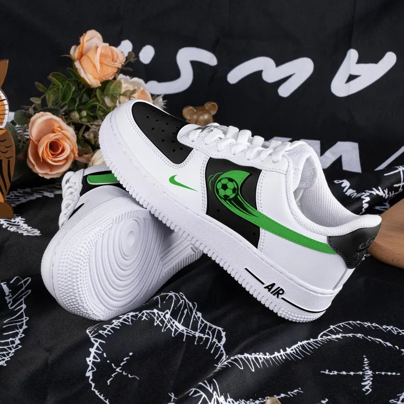 Custom Air Force 1 White Black with Green Soccer Ball Design