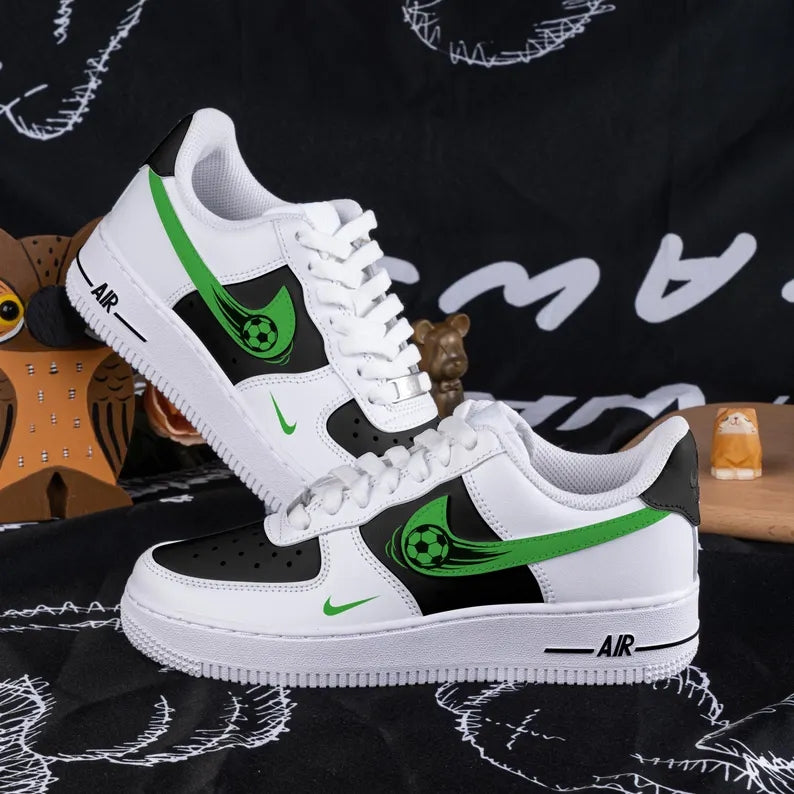Custom Air Force 1 White Black with Green Soccer Ball Design