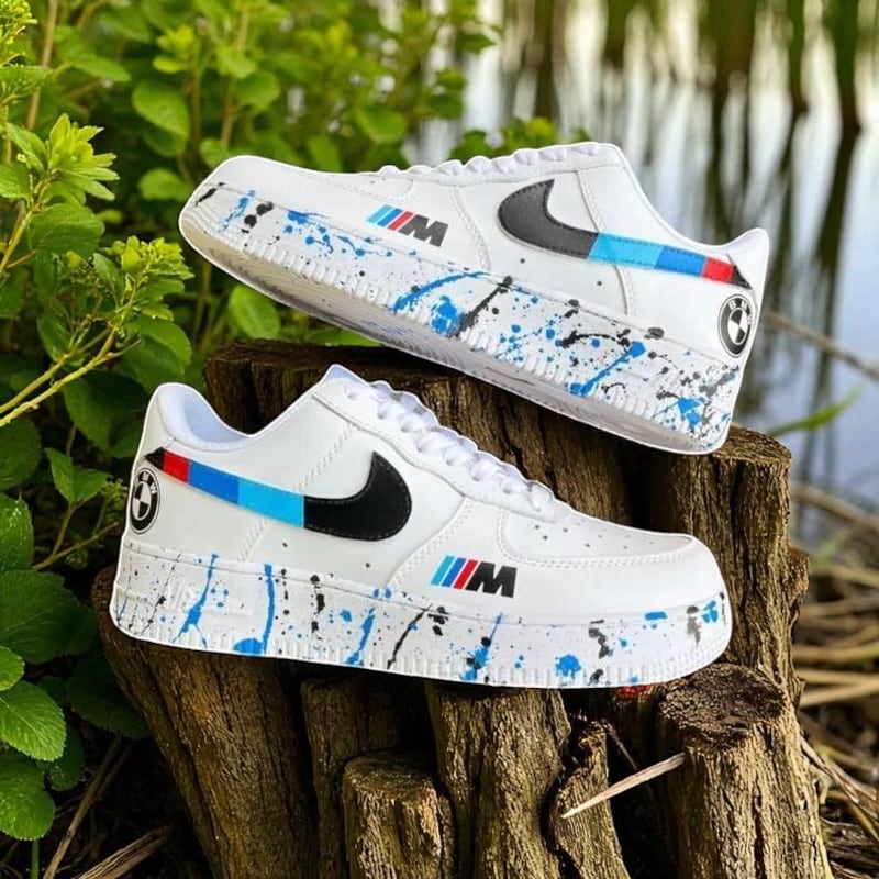 Custom Air Force 1 White Blue Black Splatter And BMW Elements