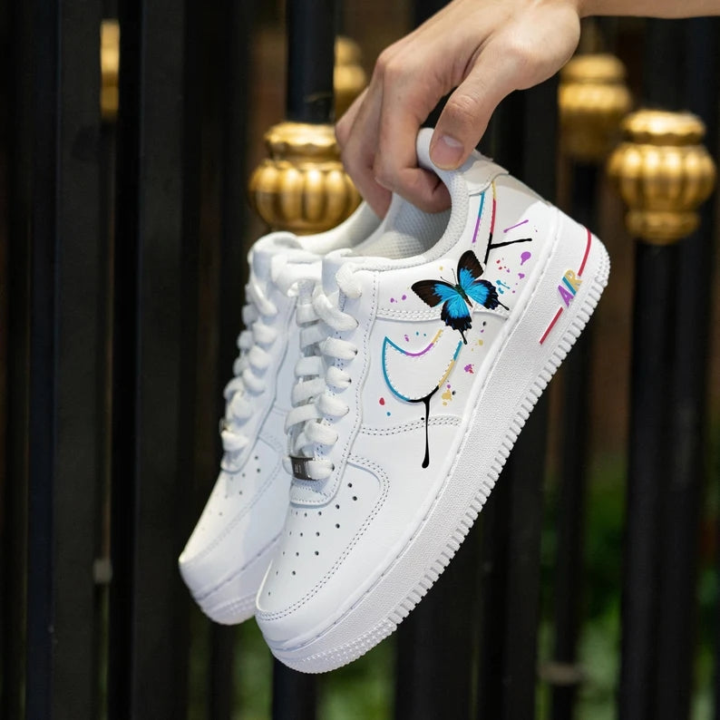 Custom Air Force 1 White Blue Butterfly And Splatter Paint Design