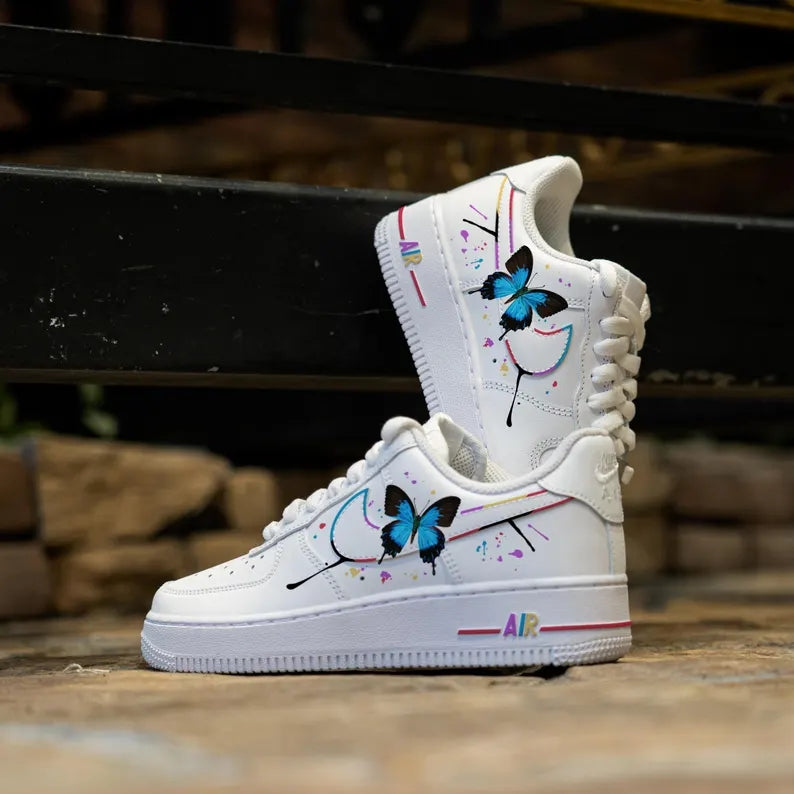 Custom Air Force 1 White Blue Butterfly And Splatter Paint Design