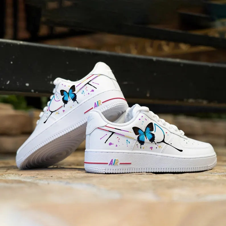 Custom Air Force 1 White Blue Butterfly And Splatter Paint Design