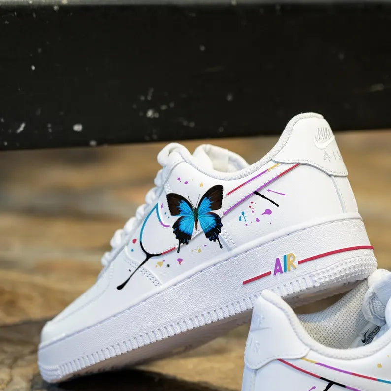 Custom Air Force 1 White Blue Butterfly And Splatter Paint Design