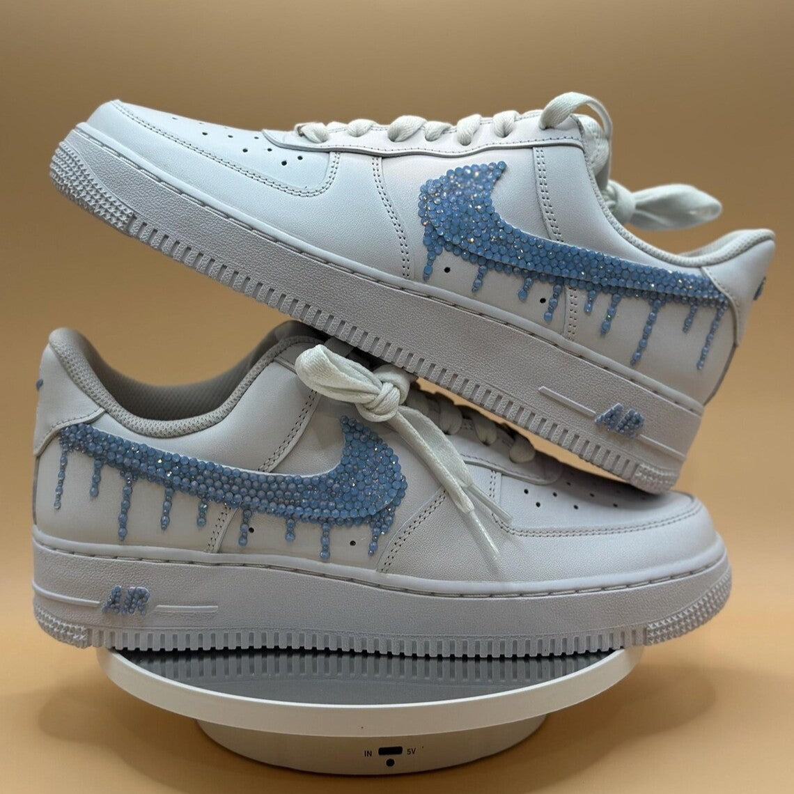 Custom Air Force 1 White Blue Dripping Rhinestones Swoosh