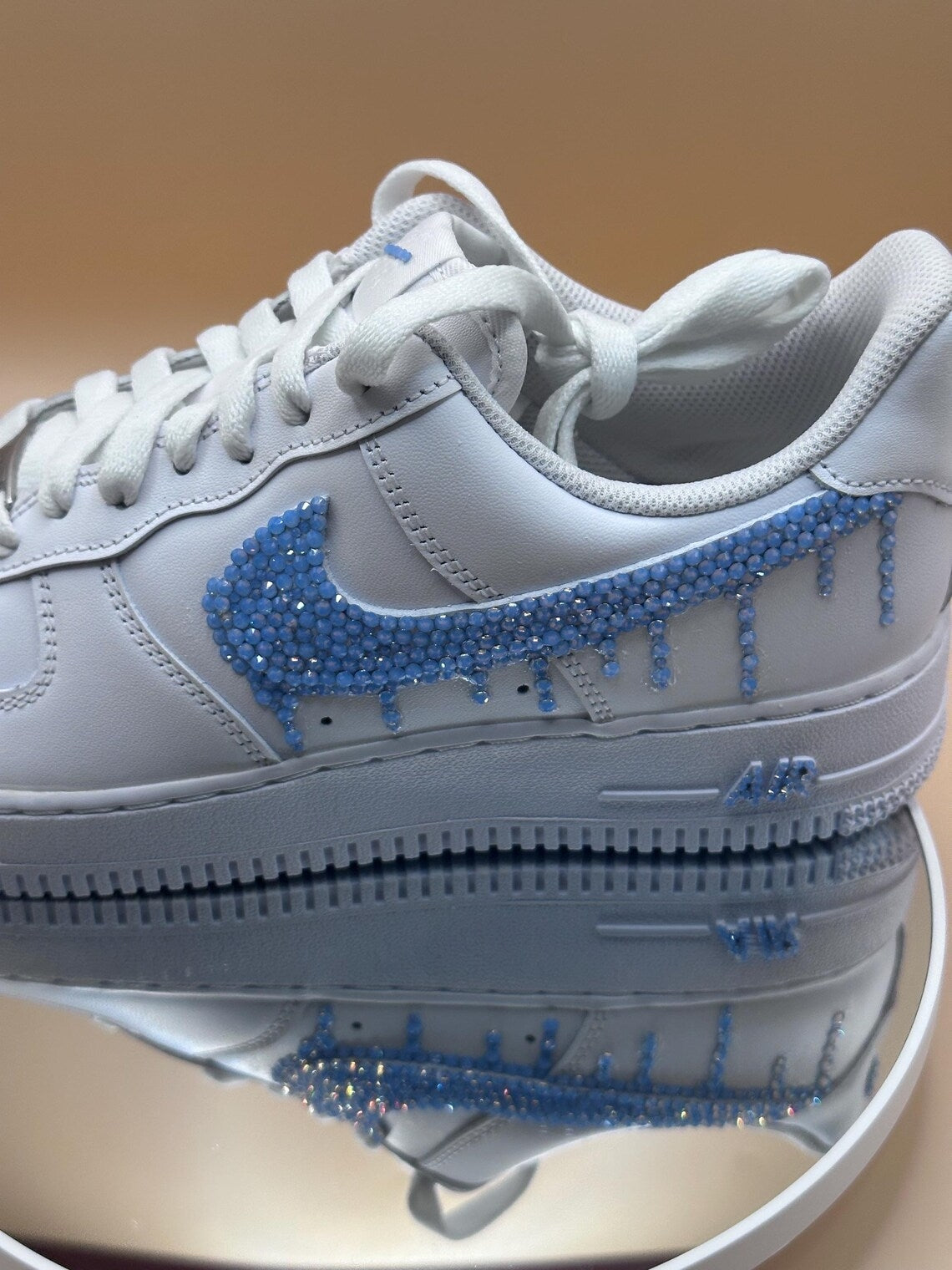 Custom Air Force 1 White Blue Dripping Rhinestones Swoosh