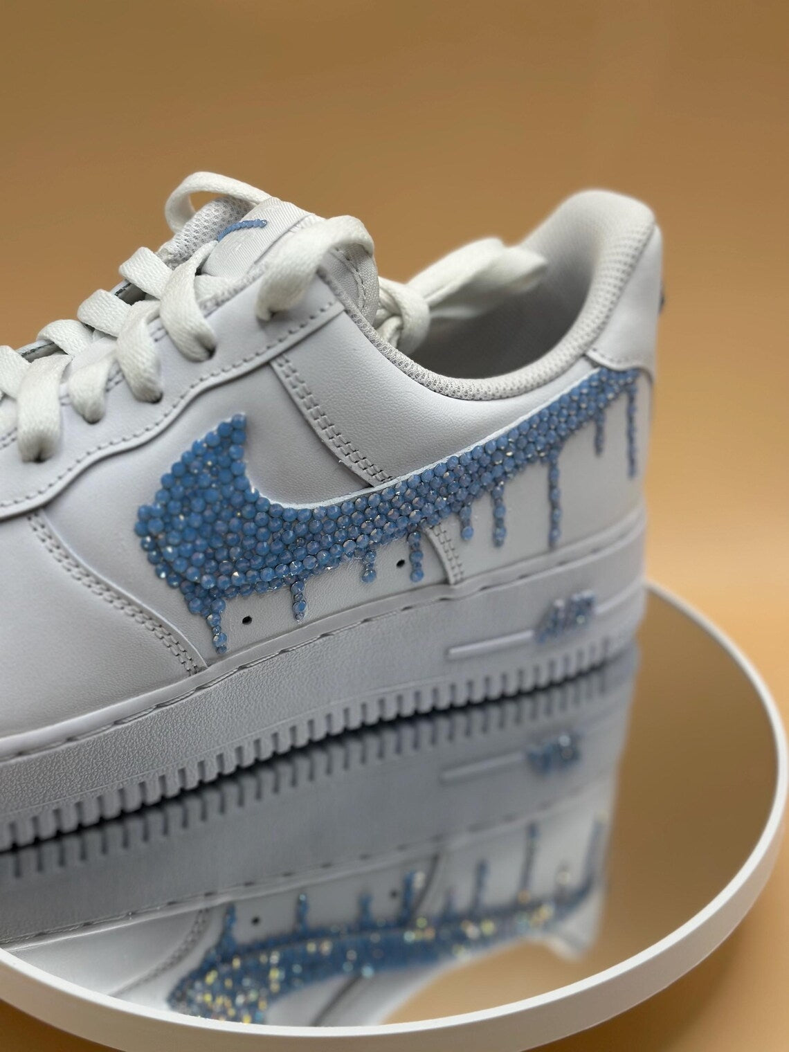 Custom Air Force 1 White Blue Dripping Rhinestones Swoosh