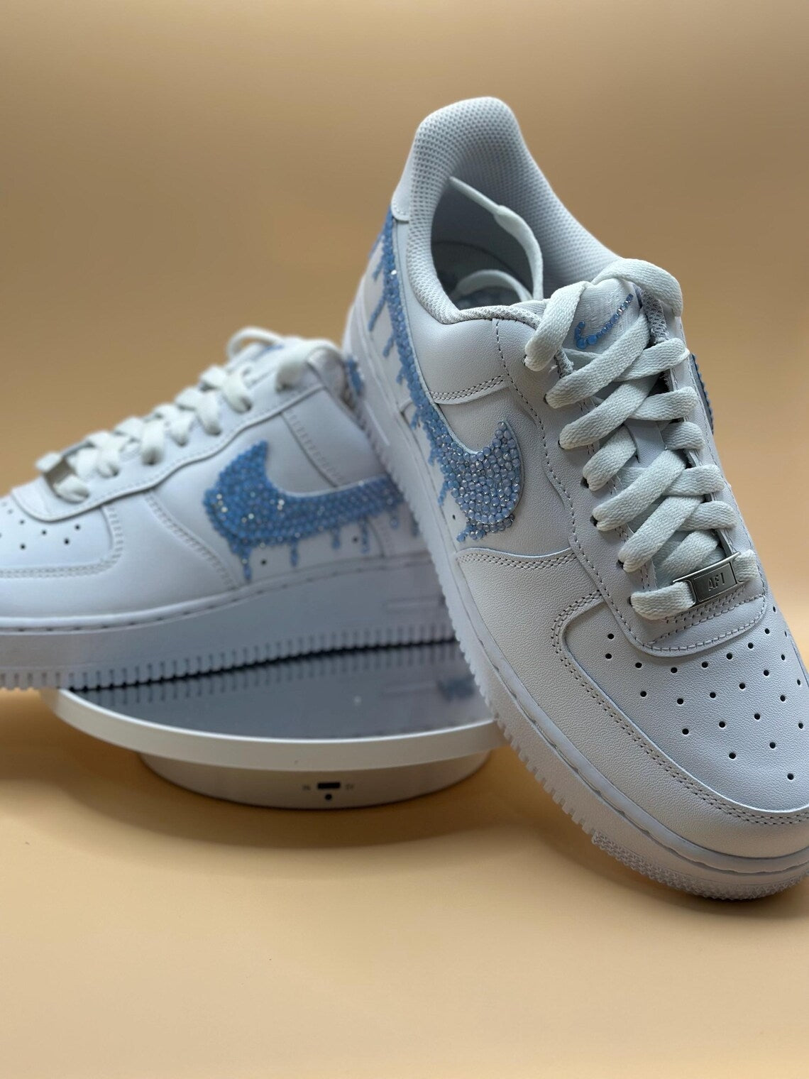 Custom Air Force 1 White Blue Dripping Rhinestones Swoosh