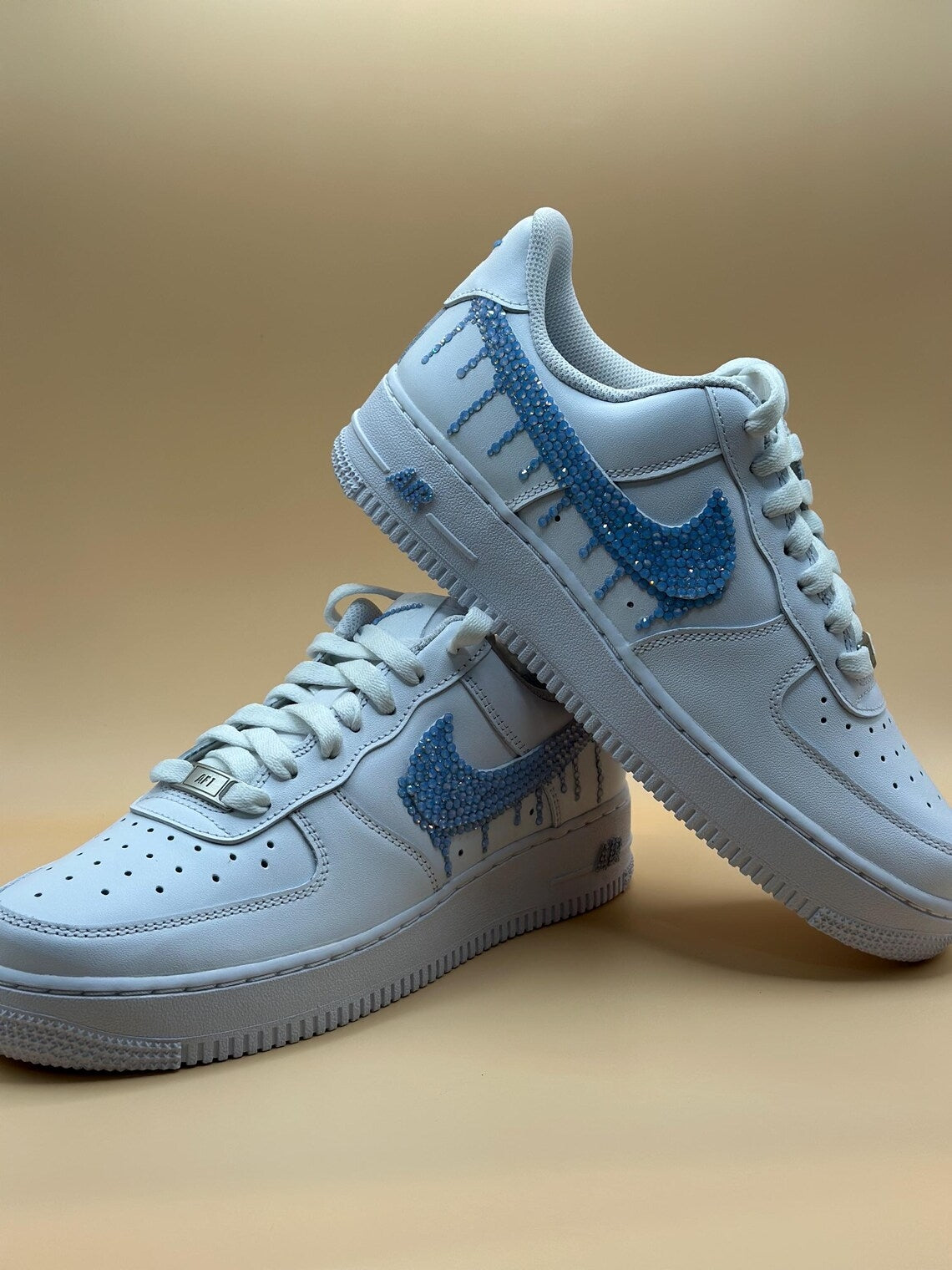 Custom Air Force 1 White Blue Dripping Rhinestones Swoosh