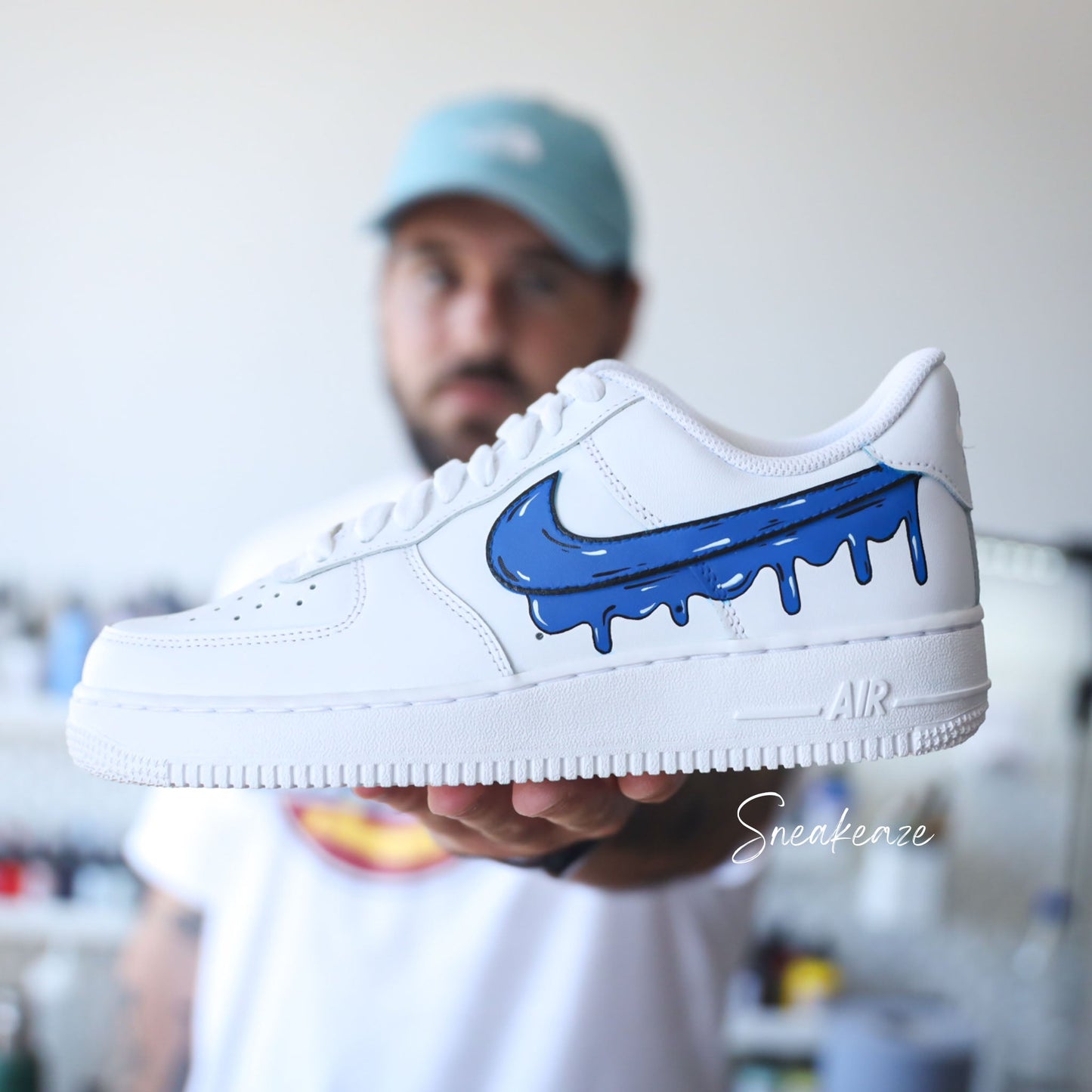 Custom Air Force 1 White Blue Dripping Swoosh
