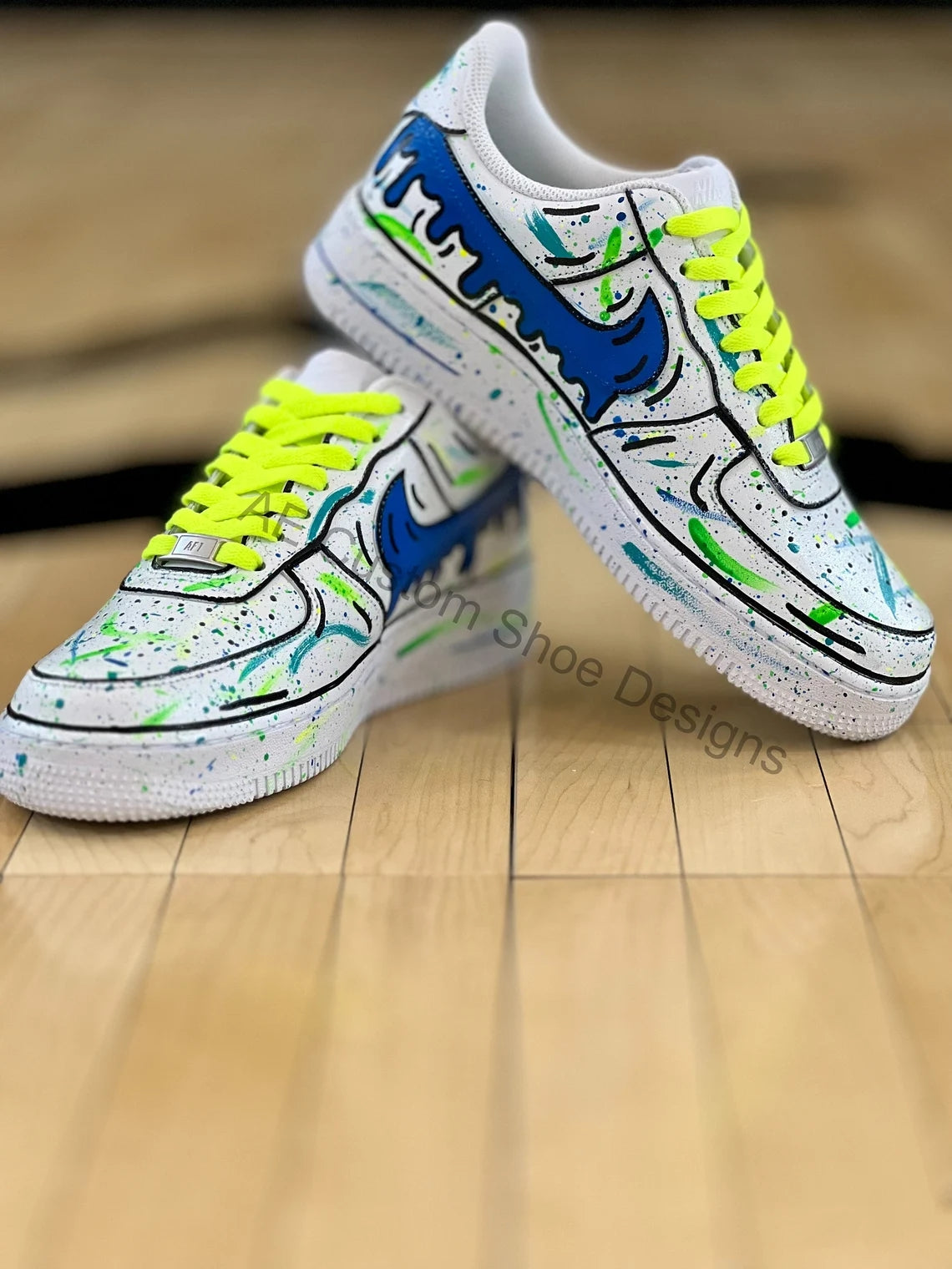 Custom Air Force 1 White Blue Green Splatter Design