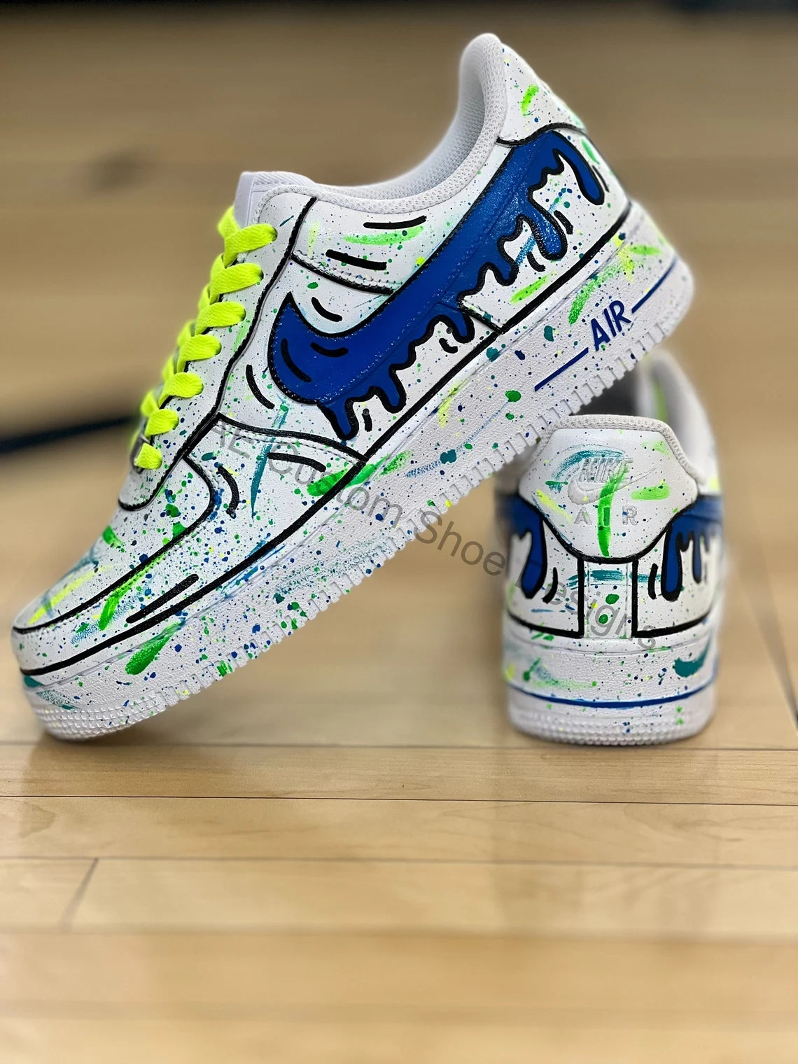 Custom Air Force 1 White Blue Green Splatter Design