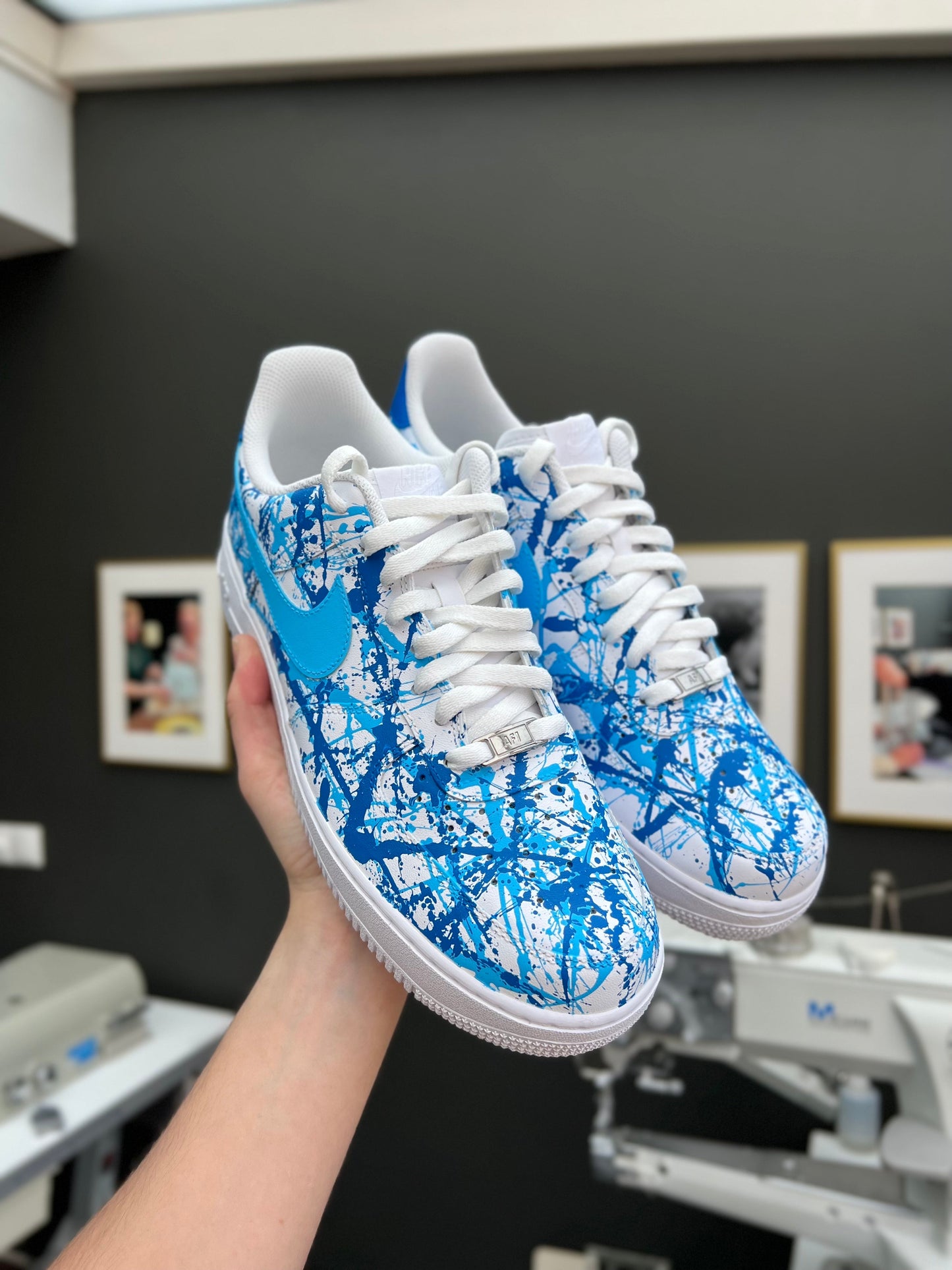 Custom Air Force 1 White Blue Splatter Pattern