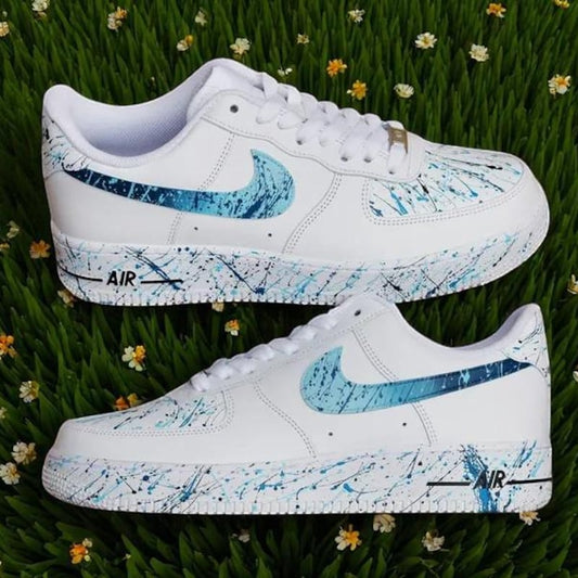Custom Air Force 1 White Blue Splatter Pattern