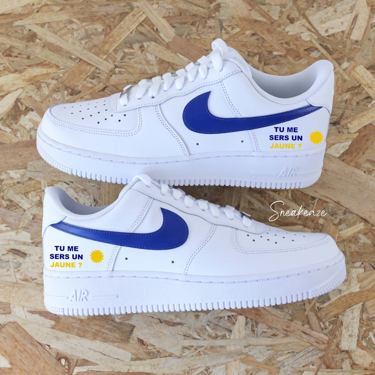 Custom Air Force 1 White Blue With French Text And Sun Design
