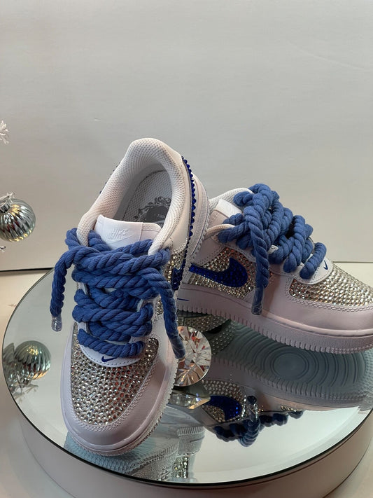 Custom Air Force 1 White Blue with Rhinestones And Rope Laces