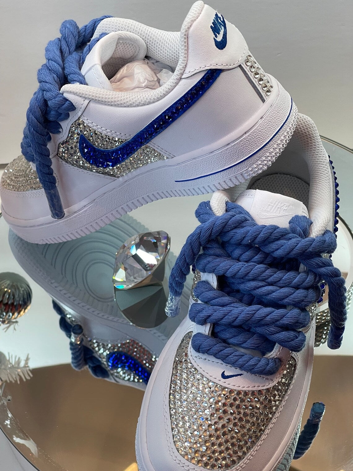 Custom Air Force 1 White Blue with Rhinestones And Rope Laces