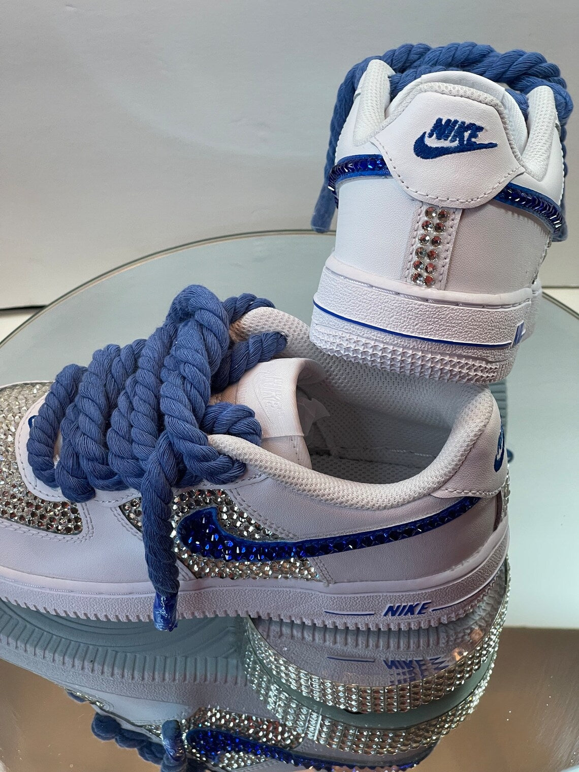 Custom Air Force 1 White Blue with Rhinestones And Rope Laces