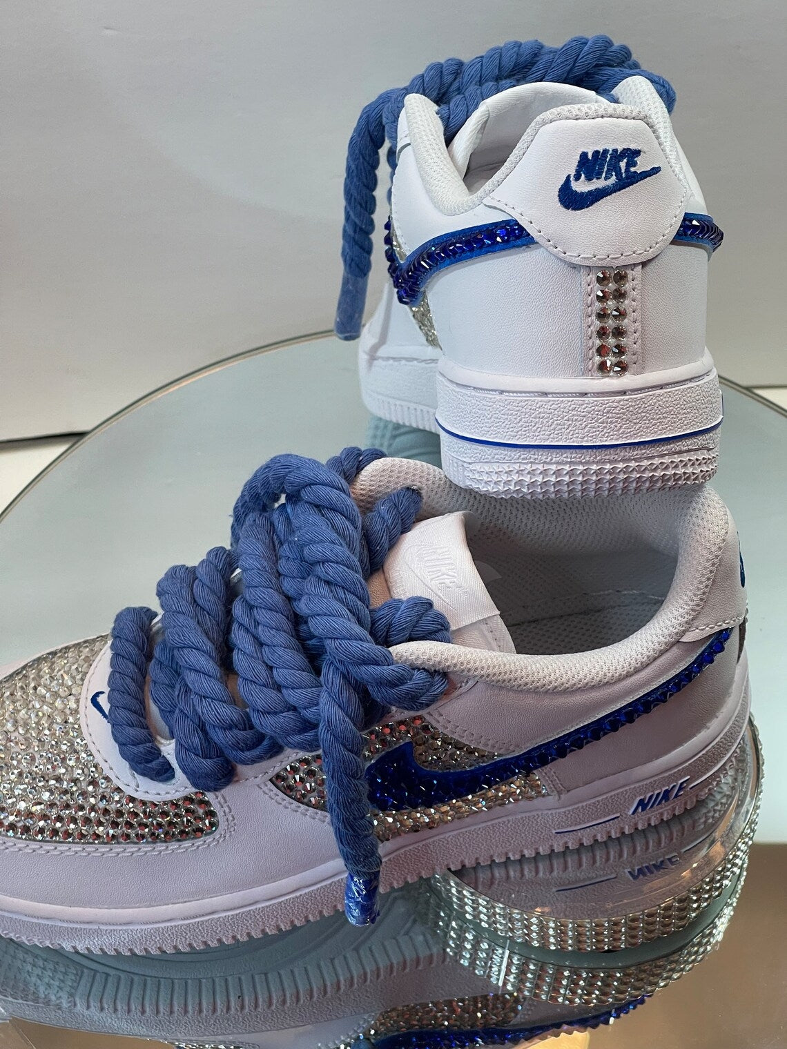 Custom Air Force 1 White Blue with Rhinestones And Rope Laces