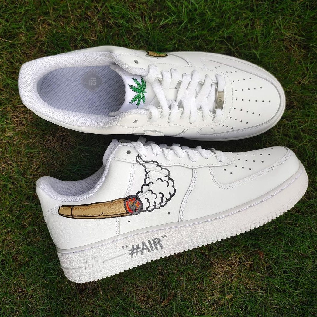 Custom Air Force 1 White Cannabis Leaf And Modified Swoosh Patterns