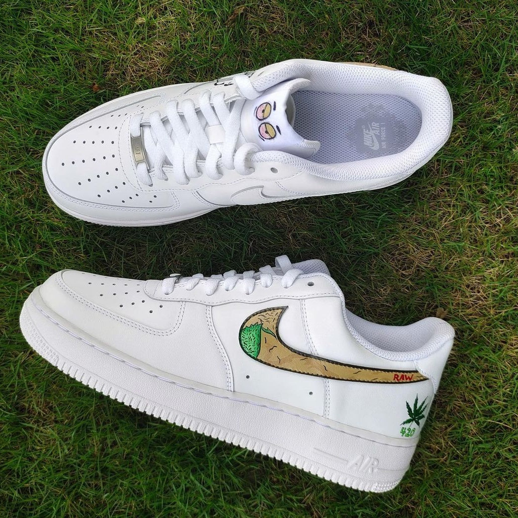 Custom Air Force 1 White Cannabis Leaf And Modified Swoosh Patterns