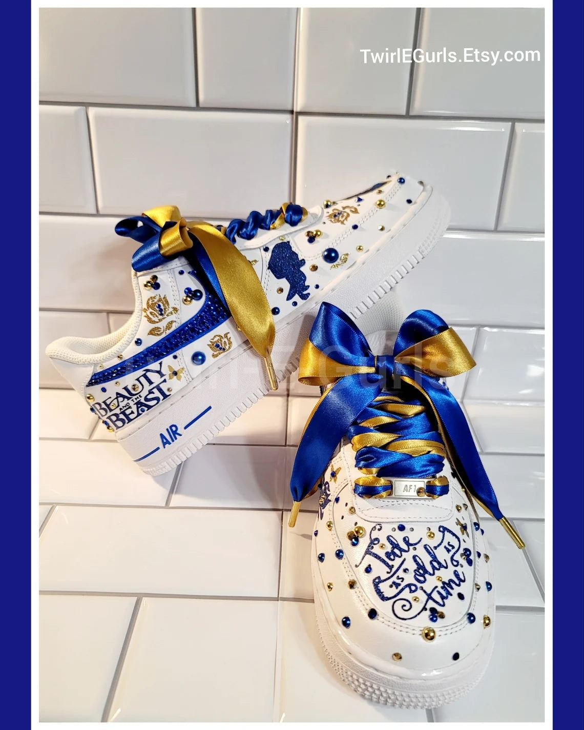 Custom Air Force 1 White Gold Blue Rhinestones Beauty And the Beast Theme