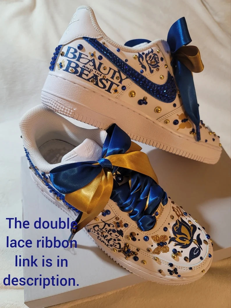 Custom Air Force 1 White Gold Blue Rhinestones Beauty And the Beast Theme