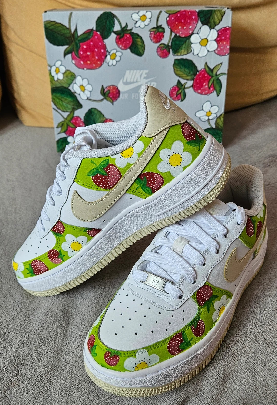 Custom Air Force 1 White Green Red Strawberries And Daisies