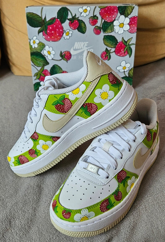 Custom Air Force 1 White Green Red Strawberries And Daisies