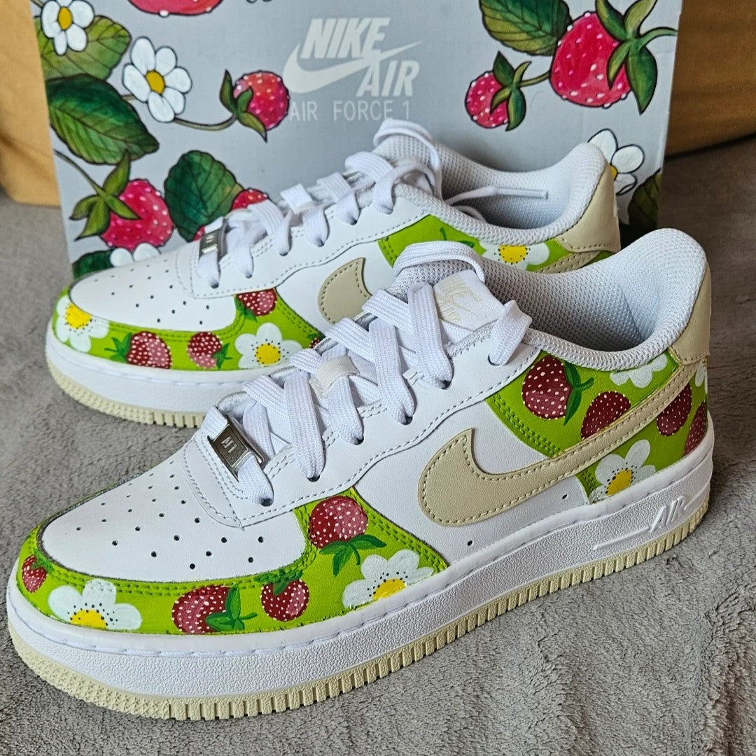 Custom Air Force 1 White Green Red Strawberries And Daisies