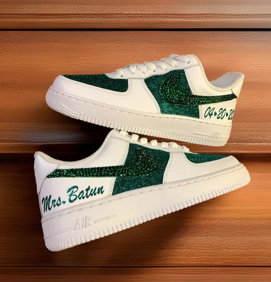 Custom Air Force 1 White Green Rhinestones And Glitter