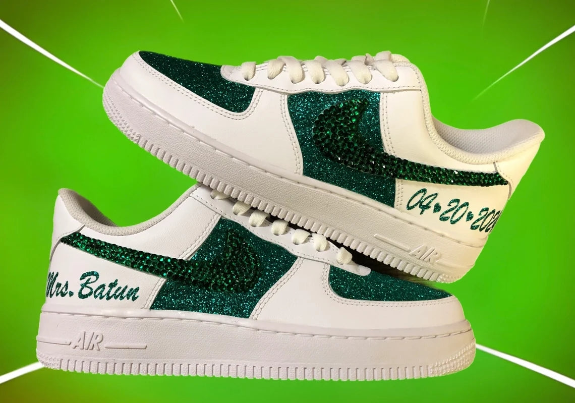 Custom Air Force 1 White Green Rhinestones And Glitter