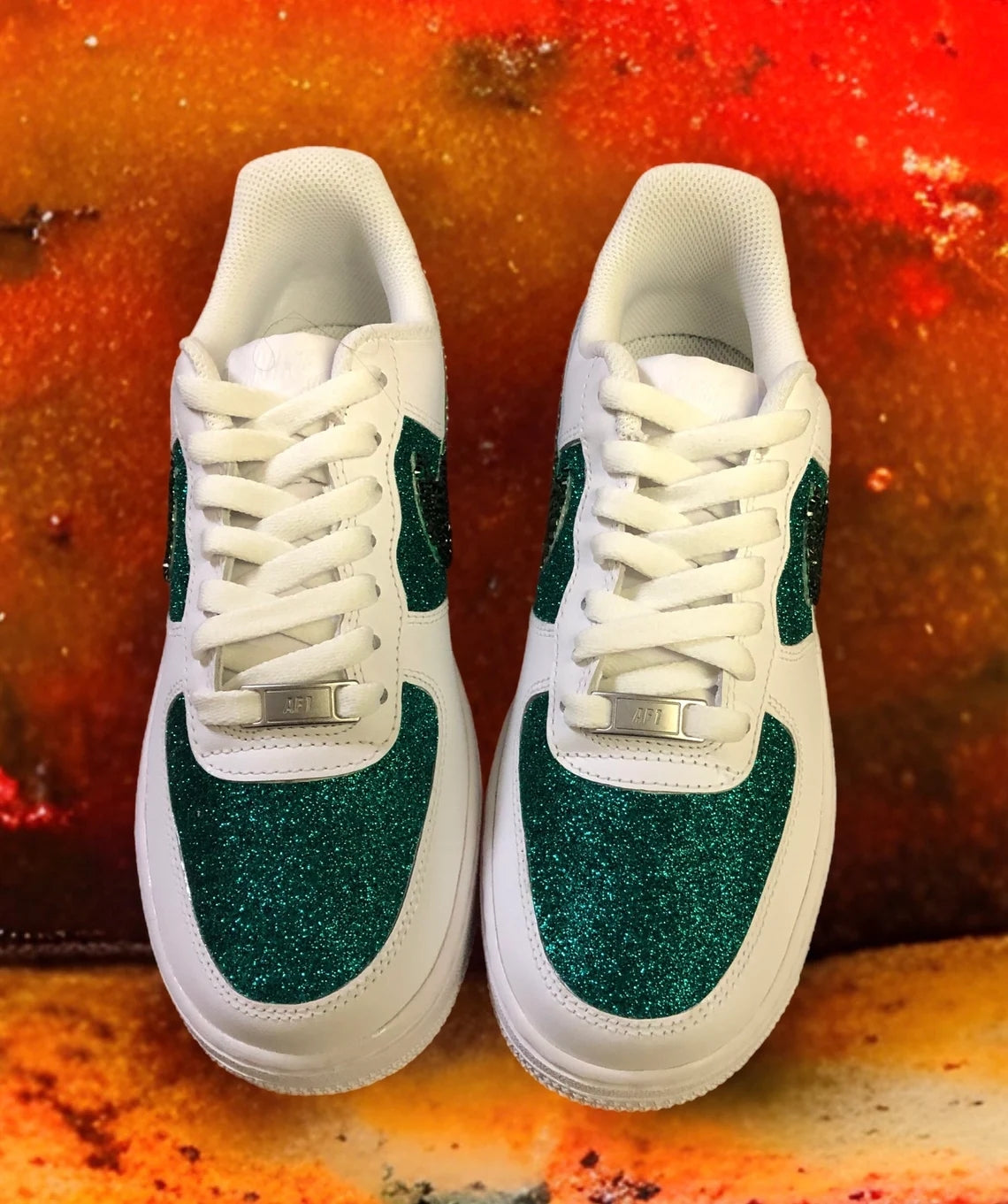 Custom Air Force 1 White Green Rhinestones And Glitter