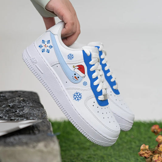 Custom Air Force 1 White Light Blue Snowman And Snowflakes Design