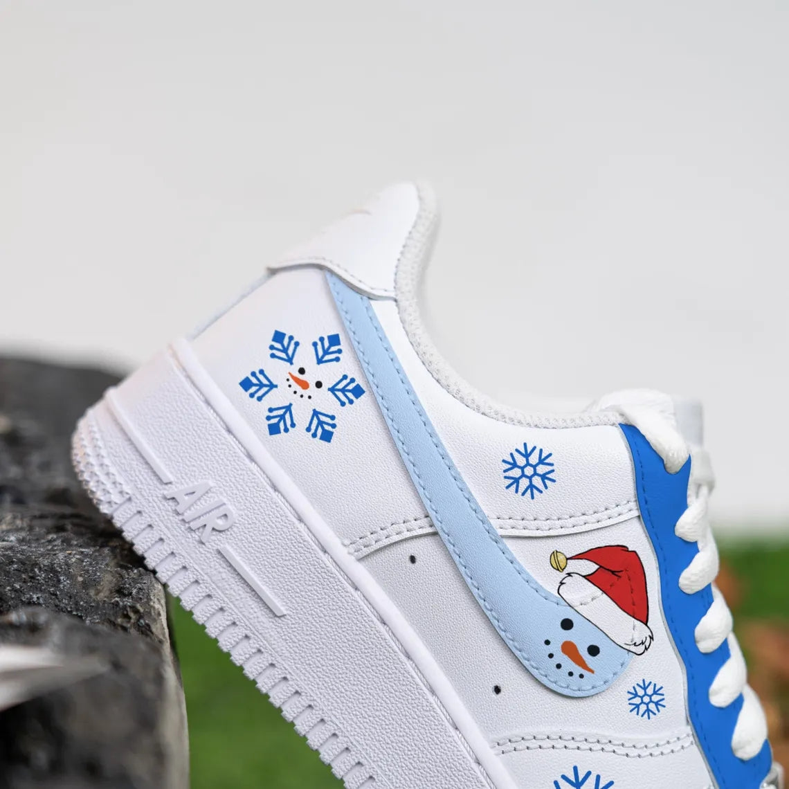 Custom Air Force 1 White Light Blue Snowman And Snowflakes Design