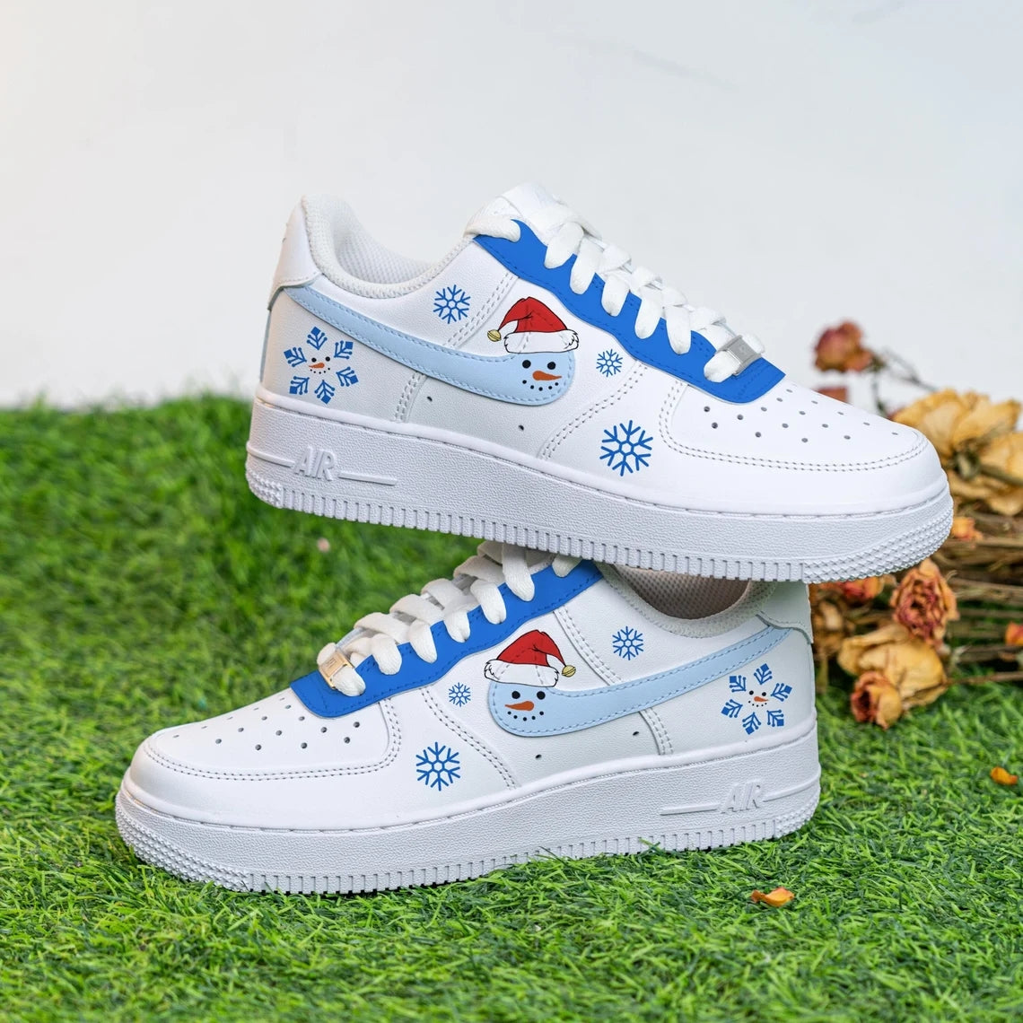 Custom Air Force 1 White Light Blue Snowman And Snowflakes Design