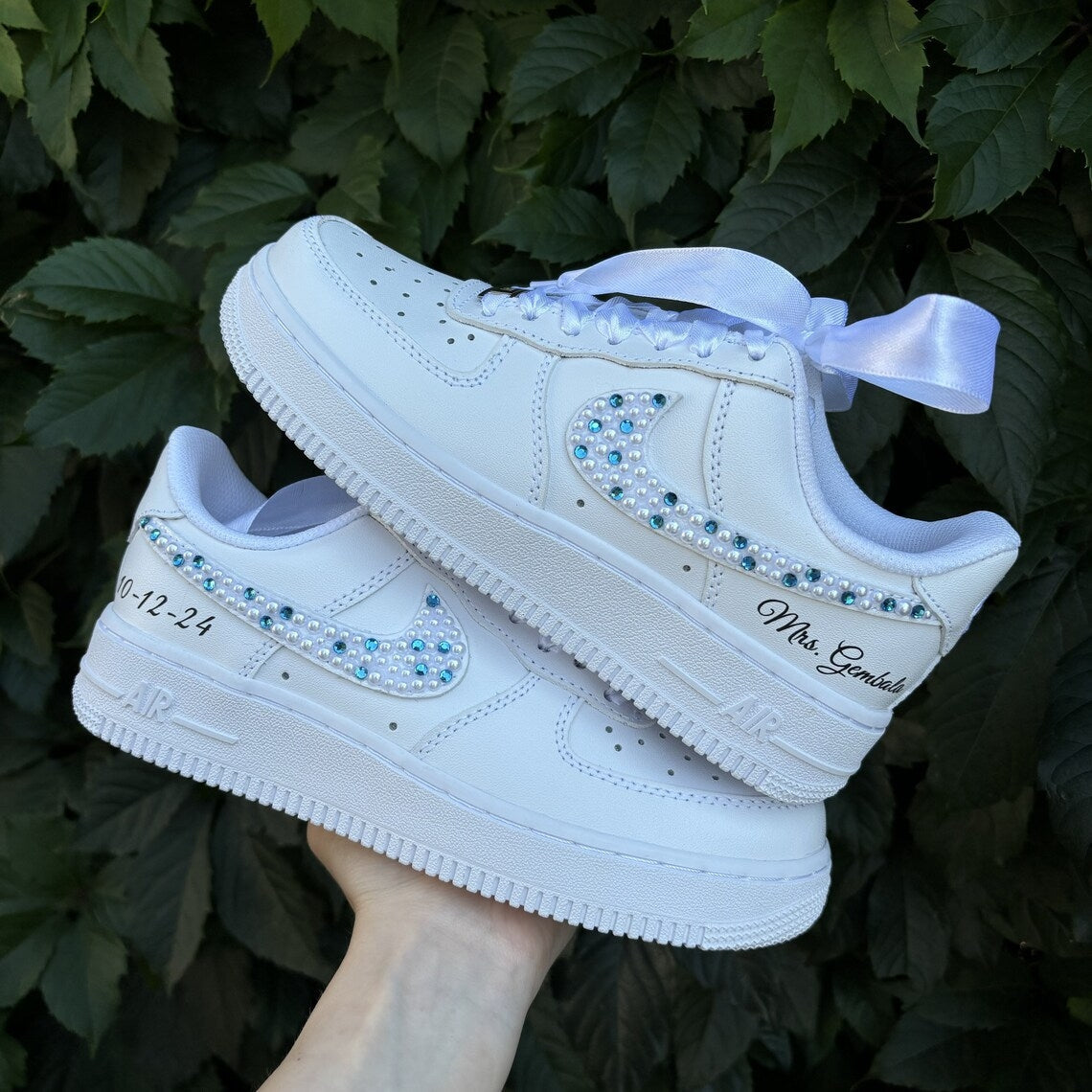 Custom Air Force 1 White Pearl And Blue Rhinestone Swoosh