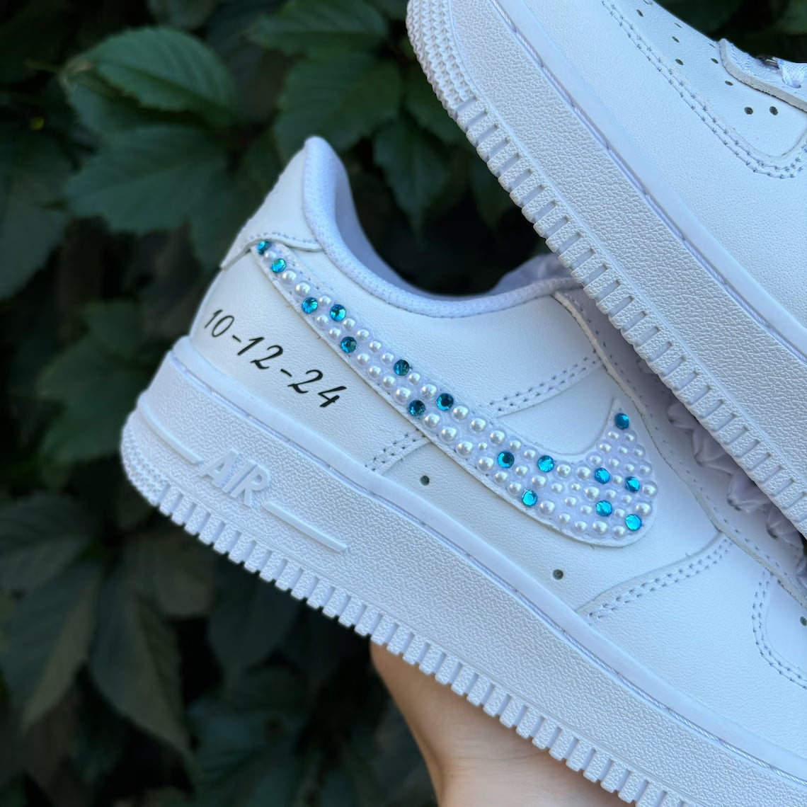 Custom Air Force 1 White Pearl And Blue Rhinestone Swoosh