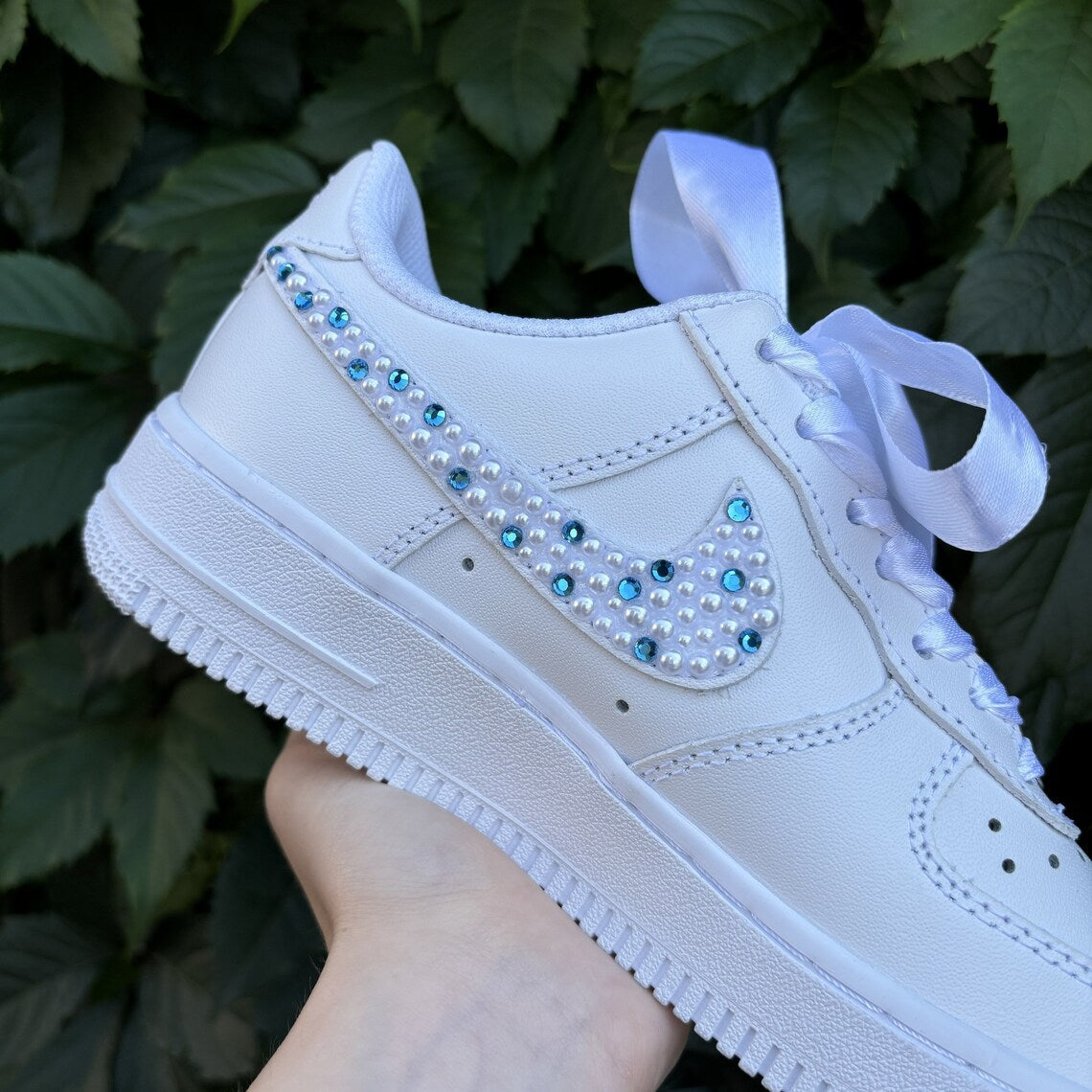 Custom Air Force 1 White Pearl And Blue Rhinestone Swoosh