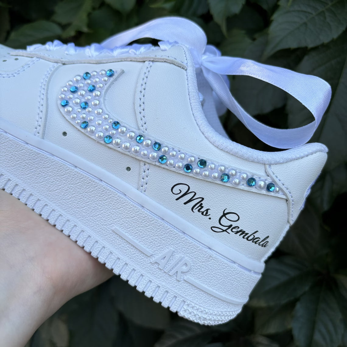 Custom Air Force 1 White Pearl And Blue Rhinestone Swoosh
