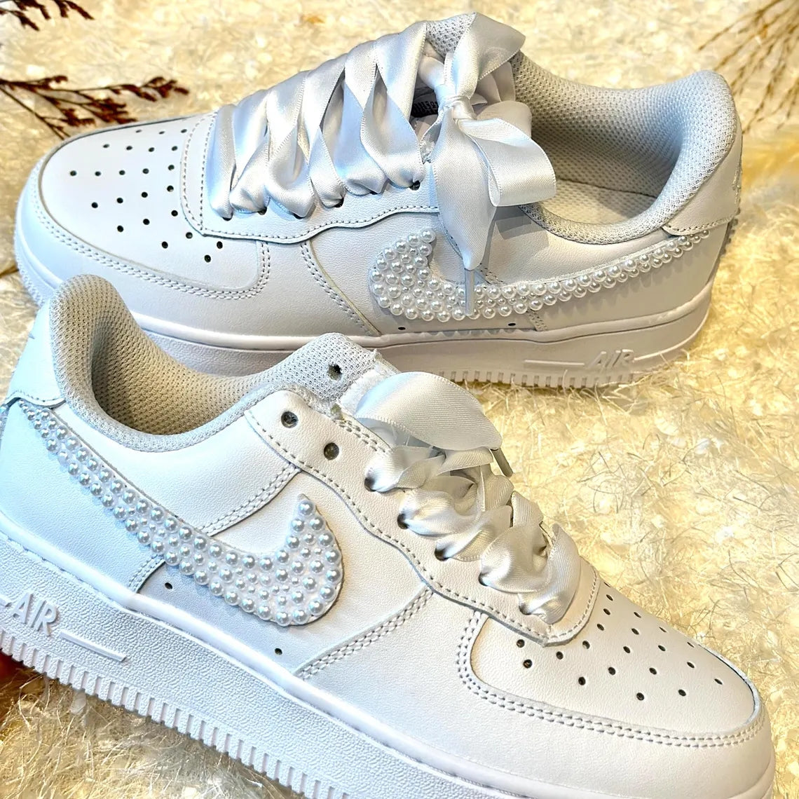Custom Air Force 1 White Pearl Embellished Swoosh