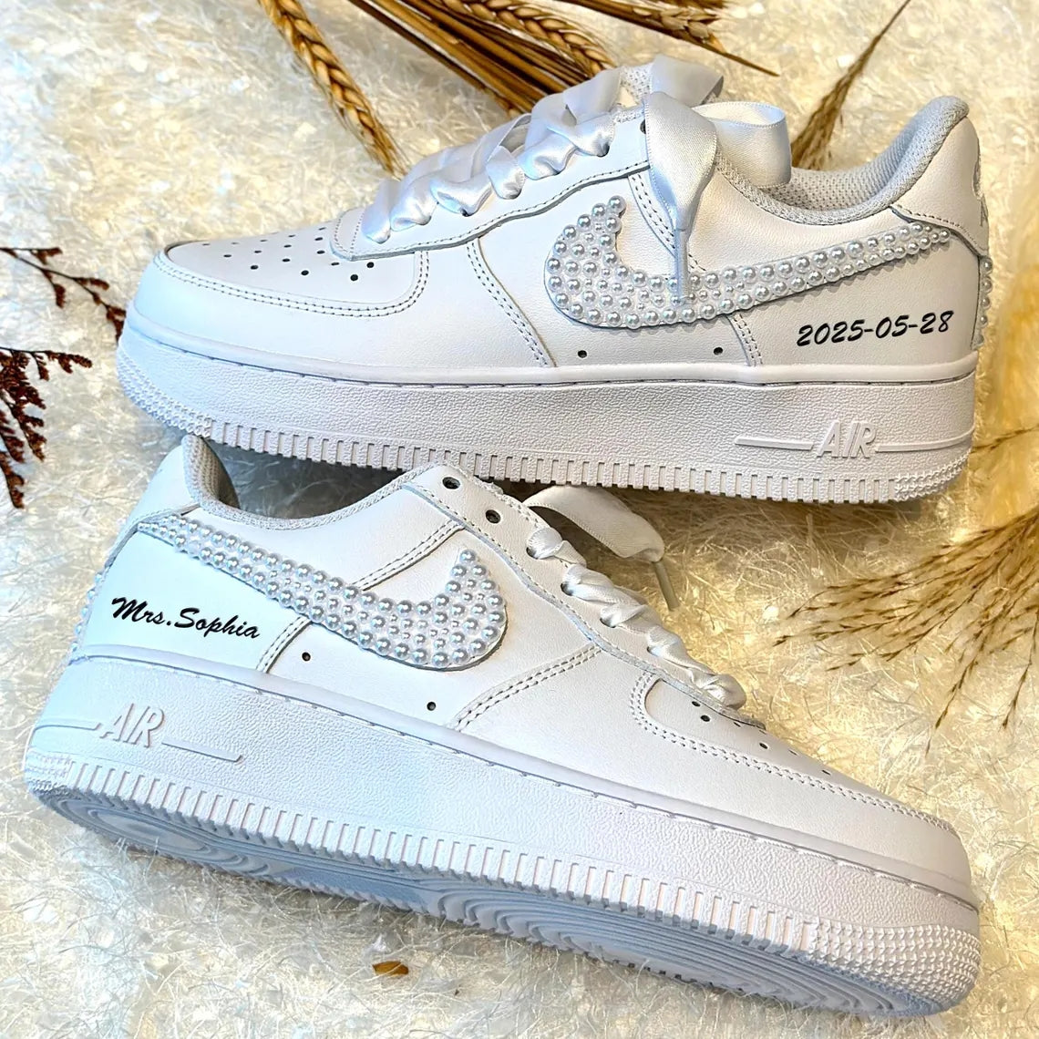 Custom Air Force 1 White Pearl Embellished Swoosh