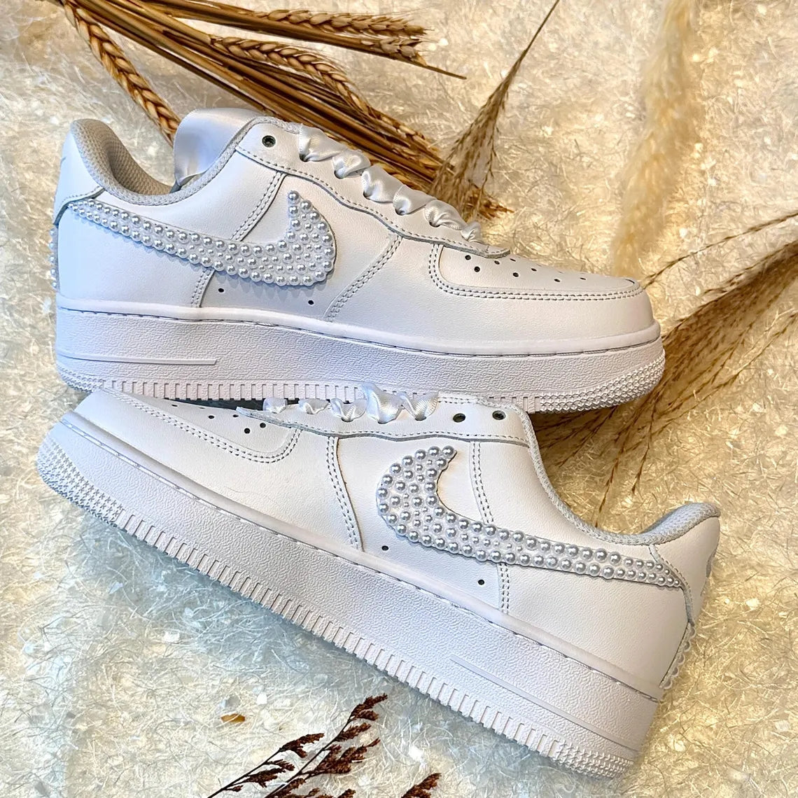 Custom Air Force 1 White Pearl Embellished Swoosh