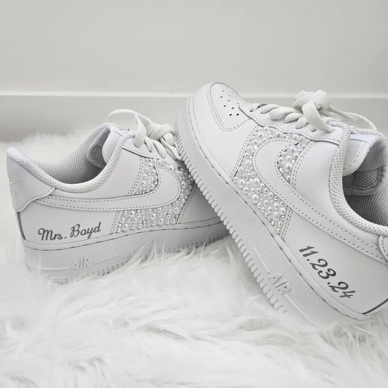 Custom Air Force 1 White Pearls Embellished