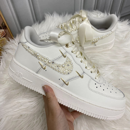 Custom Air Force 1 White Pearls Satin Ribbons