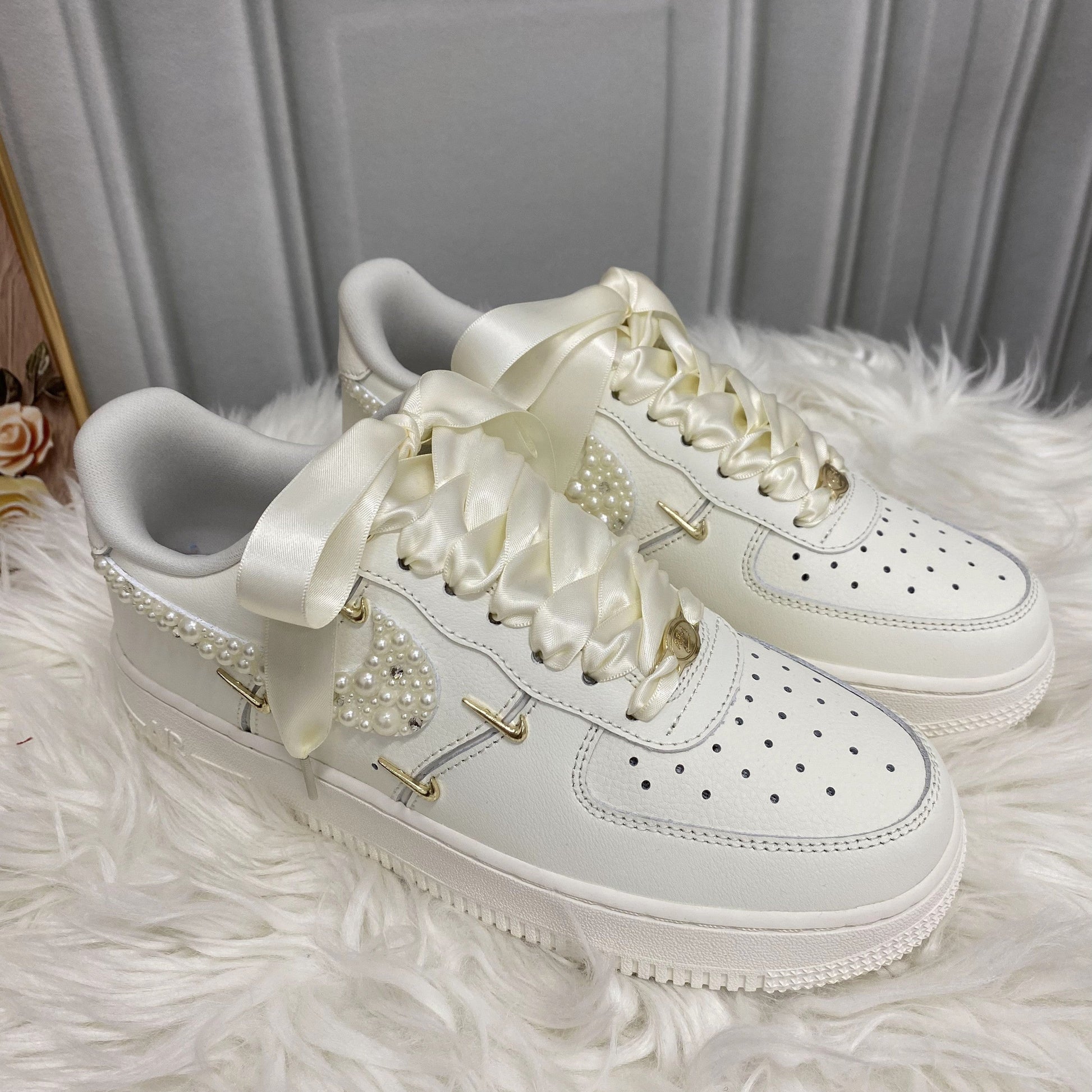 Custom Air Force 1 White Pearls Satin Ribbons