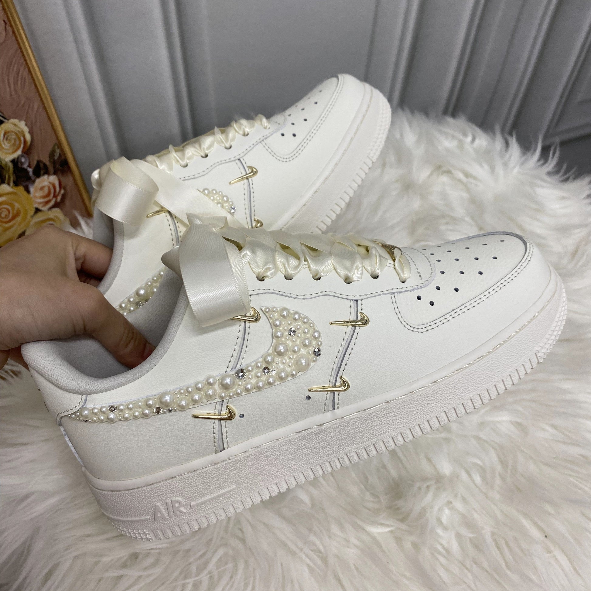 Custom Air Force 1 White Pearls Satin Ribbons