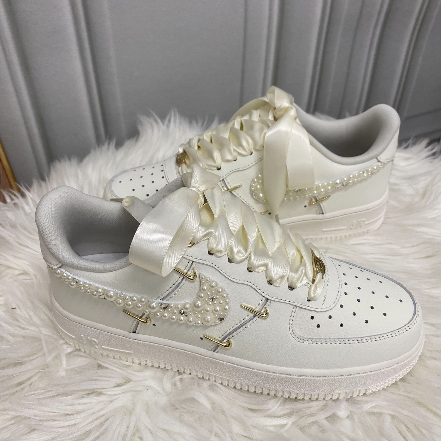 Custom Air Force 1 White Pearls Satin Ribbons